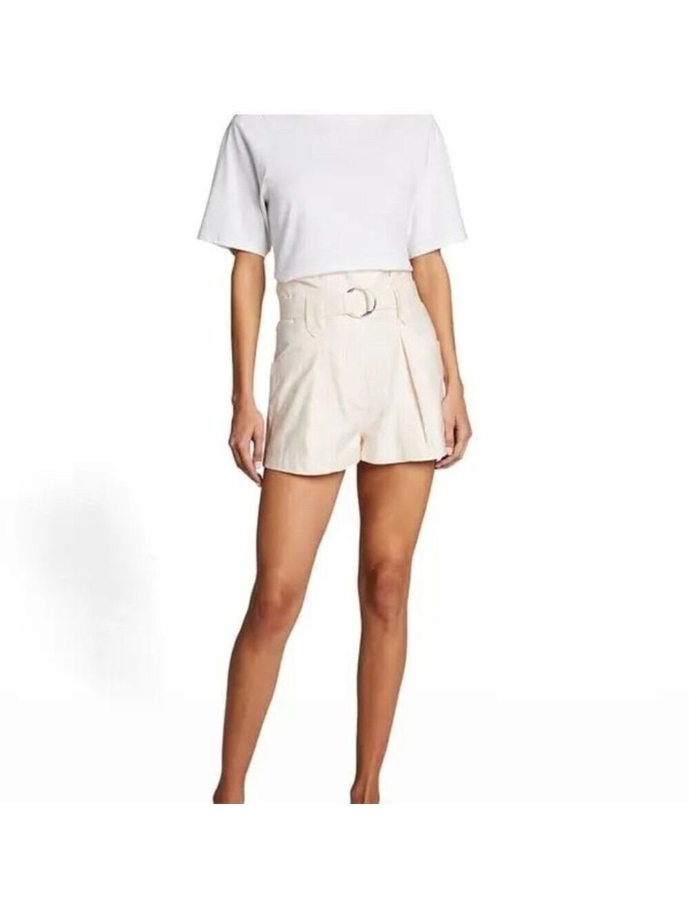 High Waist Cream Pink Belted Women's Shorts